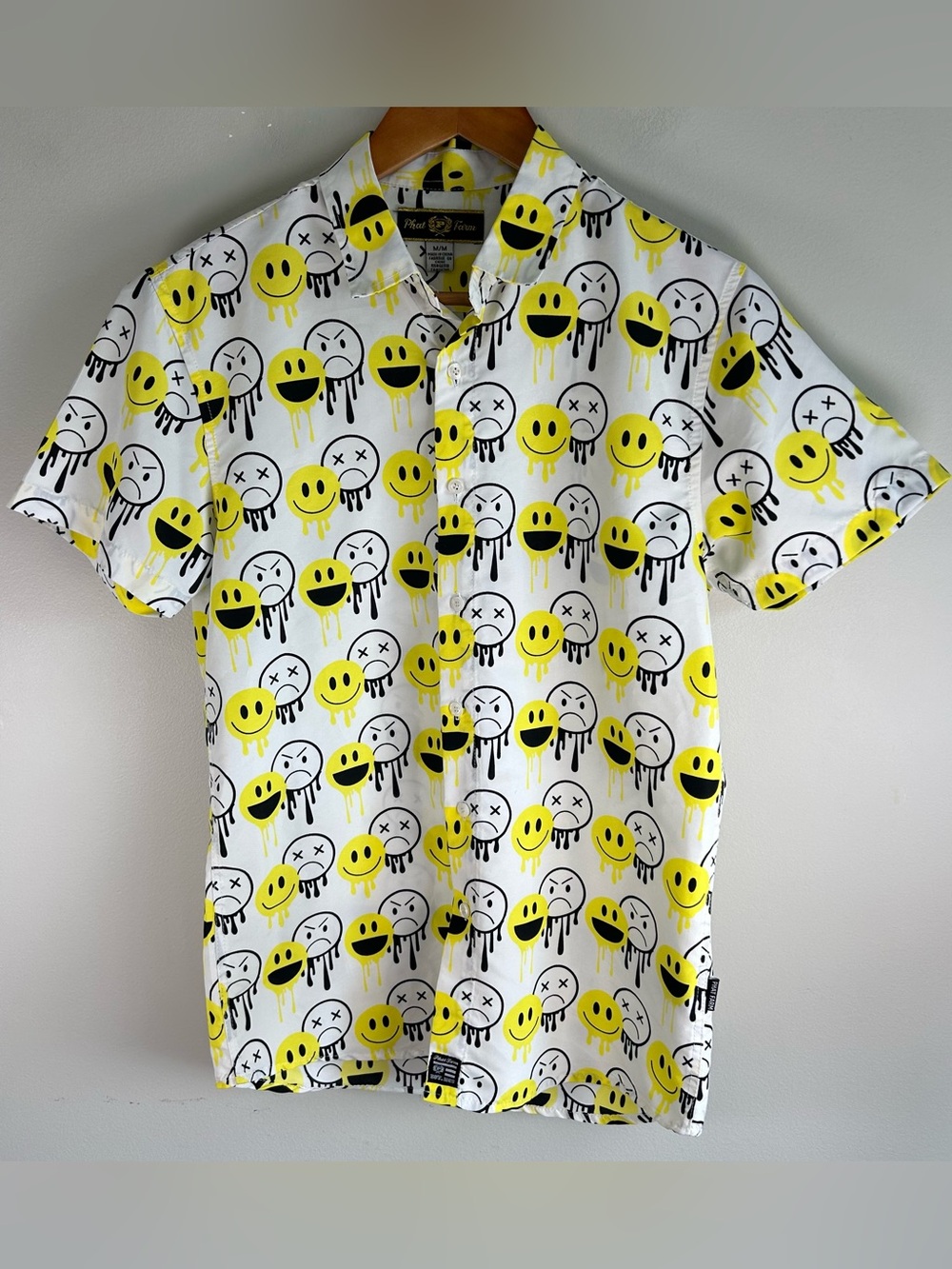 Vintage Phat Farm Men’s Button Up Shirt Size M Smiley/Upset Faces Emoji AOP Y2K